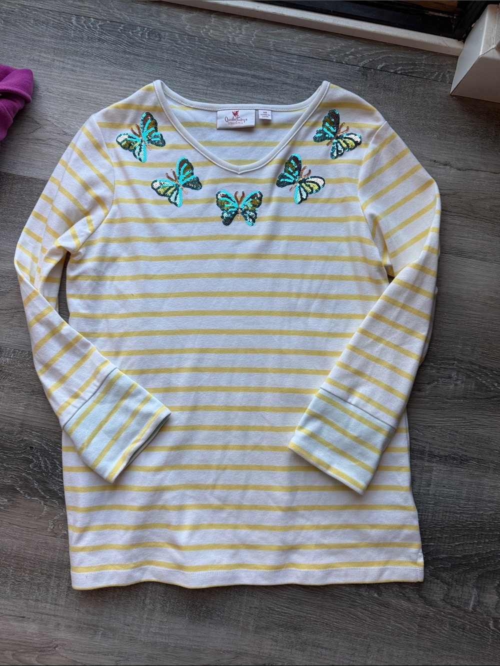 The Quacker Factory Yellow Striped Butterfly Sequin Top - sz xs